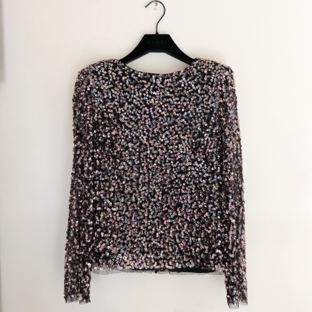 Mango boat neck open back sequined top pink gray